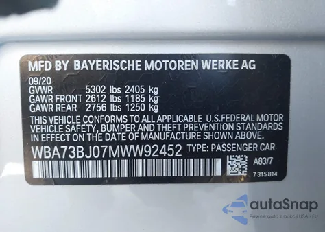 2021 BMW 540I xDrive z USA, uszkodzony, nr VIN WBA73BJ07MWW92452